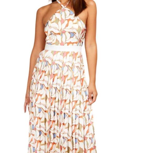 Little Mistress White Multi Print Halter Neck Pleated Midaxi Dress Womens Size 6 - Picture 2 of 6